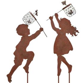 Boy and Girl Catching Butterfly Metal Decorative Garden Stakes