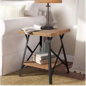 Industrial Style End Table with Solid Wood Top