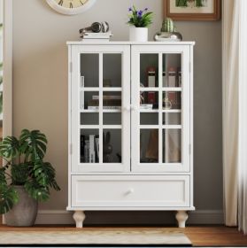 White Buffet Cabinet With Double Glass Doors And Drawer