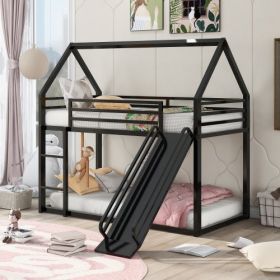 Twin Over Twin House Bunk Bed With Built-in Ladder or Ladder and Slide (Color: Black)