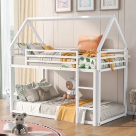 Twin Over Twin House Bunk Bed With Built-in Ladder or Ladder and Slide (Color: White)