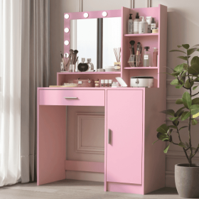 Vanity Desk With Mirror Light (Color: Pink)